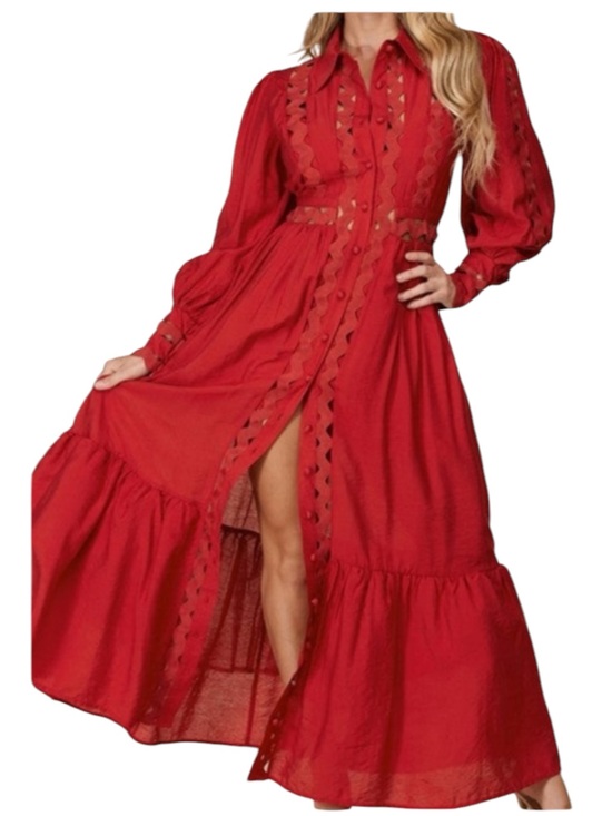 L'ATISTE Dresses & Skirts - L’ATISTE Red Lace Cutout Maxi Dress 2X Long Sleeve Boho Tiered Button Front